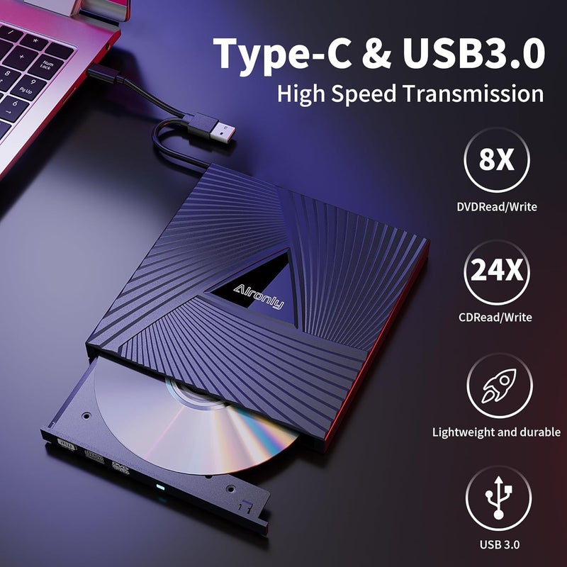 Alronly External CD/DVD Drive for Laptop/PC, USB 3.0 Type-C Portable Player for Computer CD DVD +/-RW Disk Drive CD Burner Writer Reader Compatible with Desktop Windows Apple (Functional Interface) - Image 5